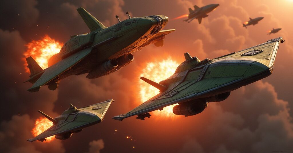 A Klingon fleet attacking a Romulan station defended by two warbirds in Star Trek Fleet Command
