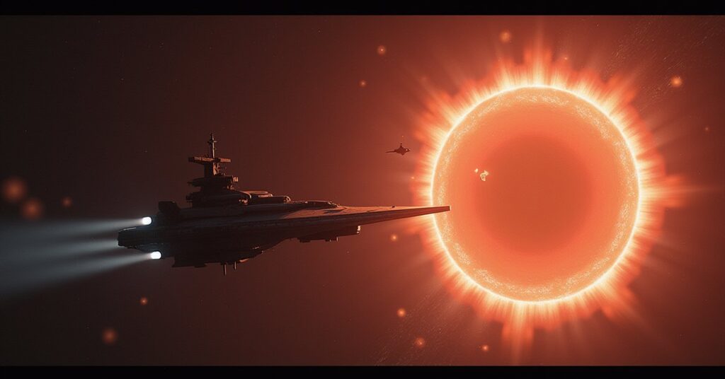 A starship towing the USS Cerritos away from a glowing planetoid as a portal opens nearby