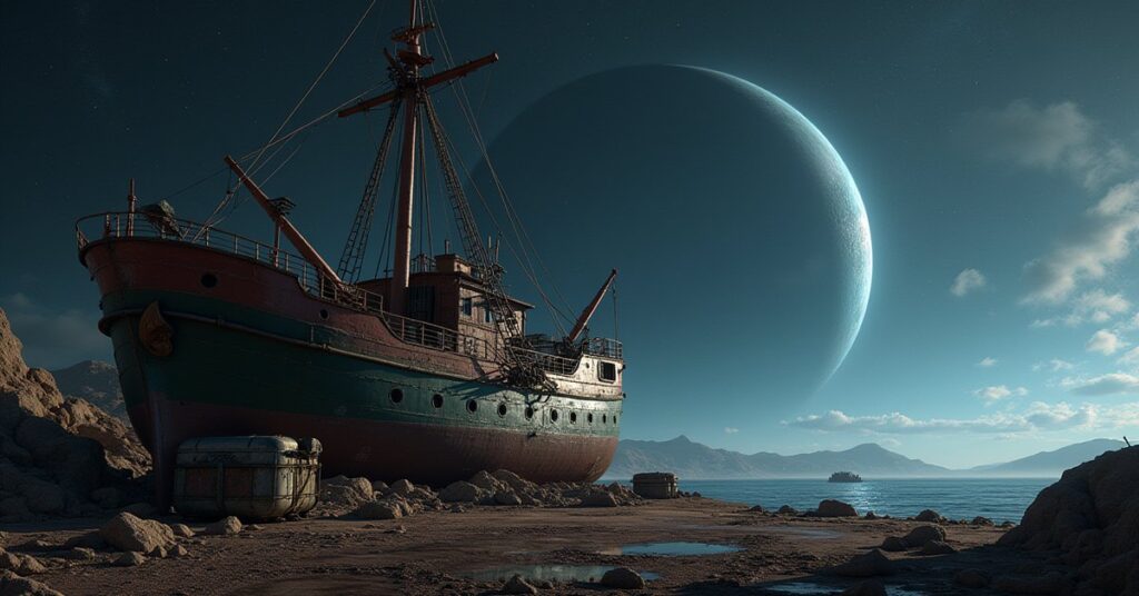 A starship approaching a cluttered trader's vessel parked beside a star in Star Trek Fleet Command