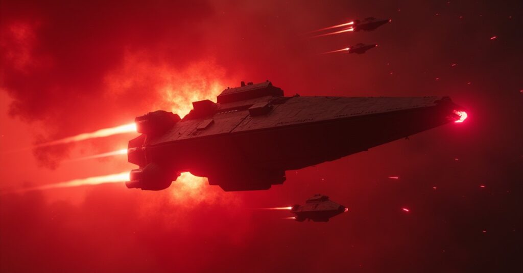 A starship destroying an outlaw command ship in a red-lit star system in Star Trek Fleet Command