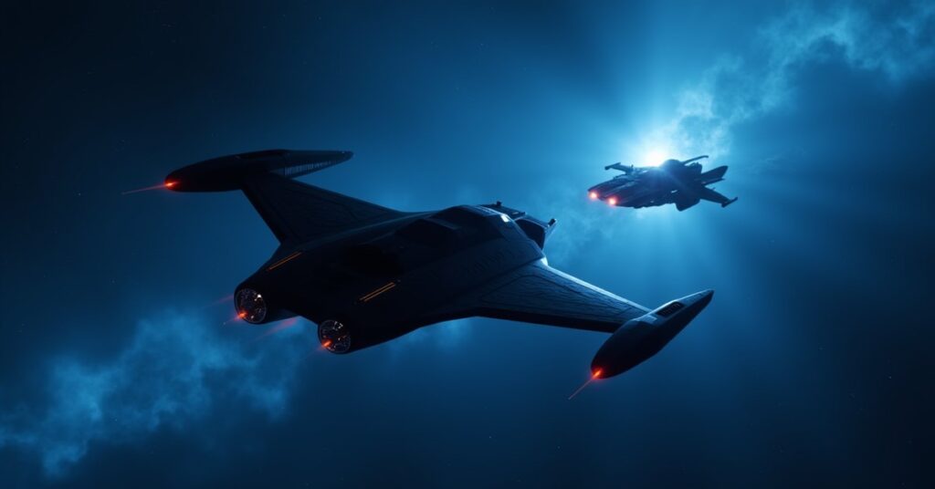 A dark covert starship fleeing through a nebula with a Federation cruiser in pursuit in Star Trek Fleet Command