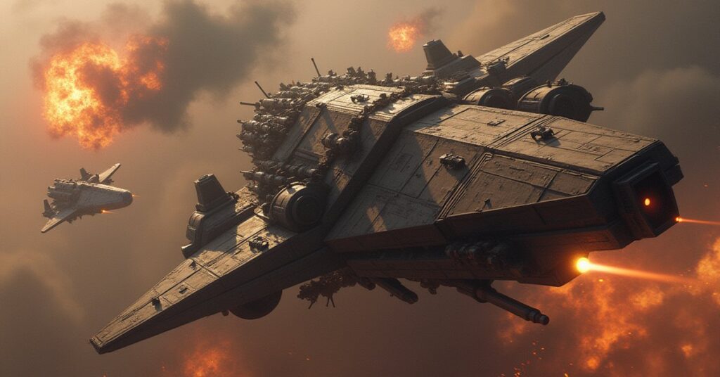 A starship defending a colony outpost from a Gorn marauder ship in Star Trek Fleet Command