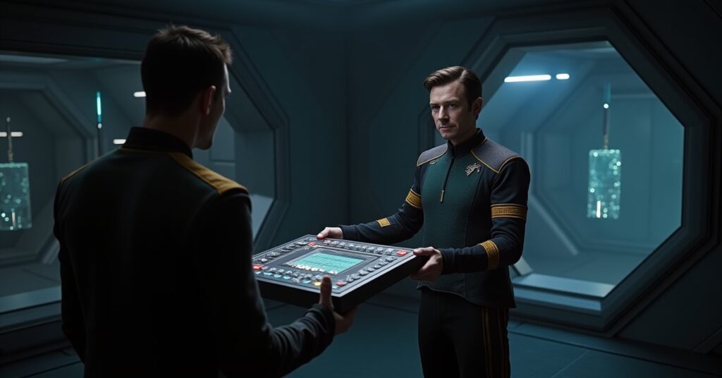 A rebel leader accepting glowing datapads inside an Immortal outpost in Star Trek Fleet Command
