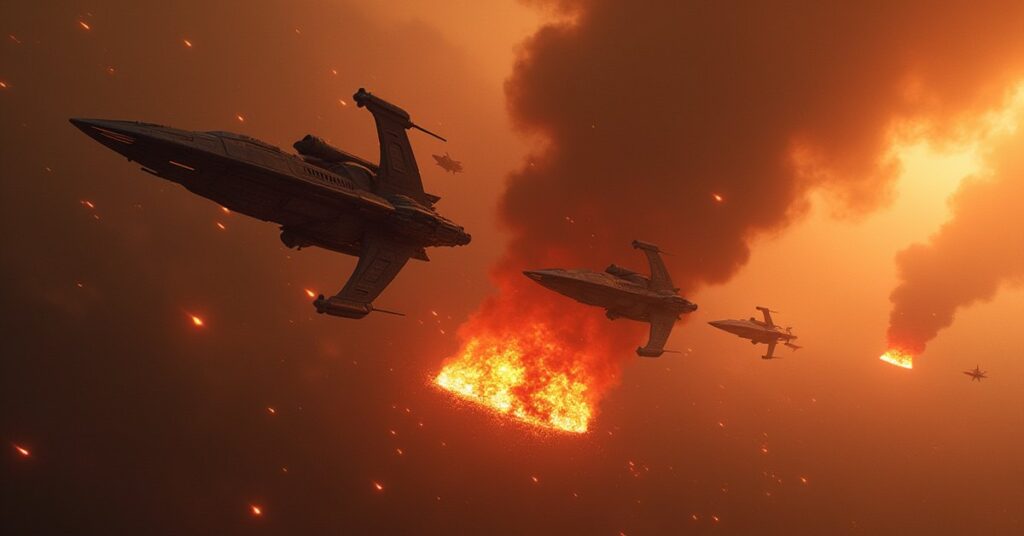 Romulan warbirds attacking a burning Klingon shipyard in Star Trek Fleet Command
