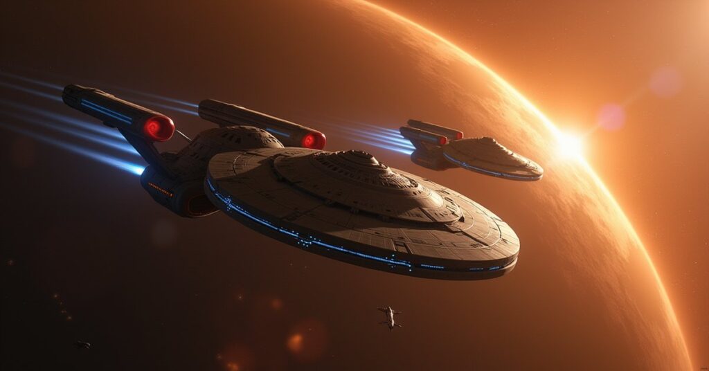Starship pursuit through an Augment-controlled system in Star Trek Fleet Command's Grand Theft Otto mission