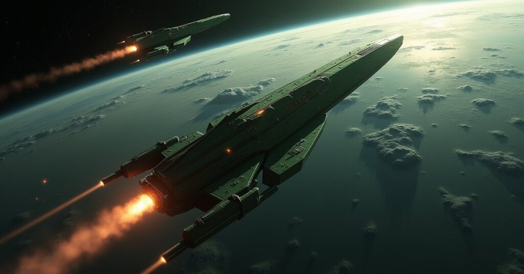 A Federation starship facing an Orion ship near a gas giant in Star Trek Fleet Command