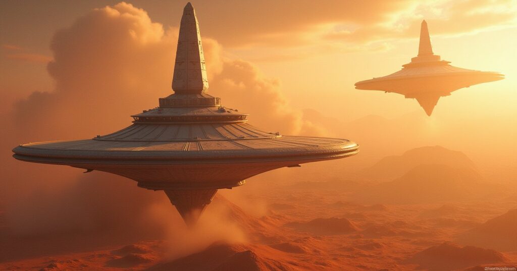 A terraforming station on a desert planet releases its first rain clouds as a Klingon ship guards it