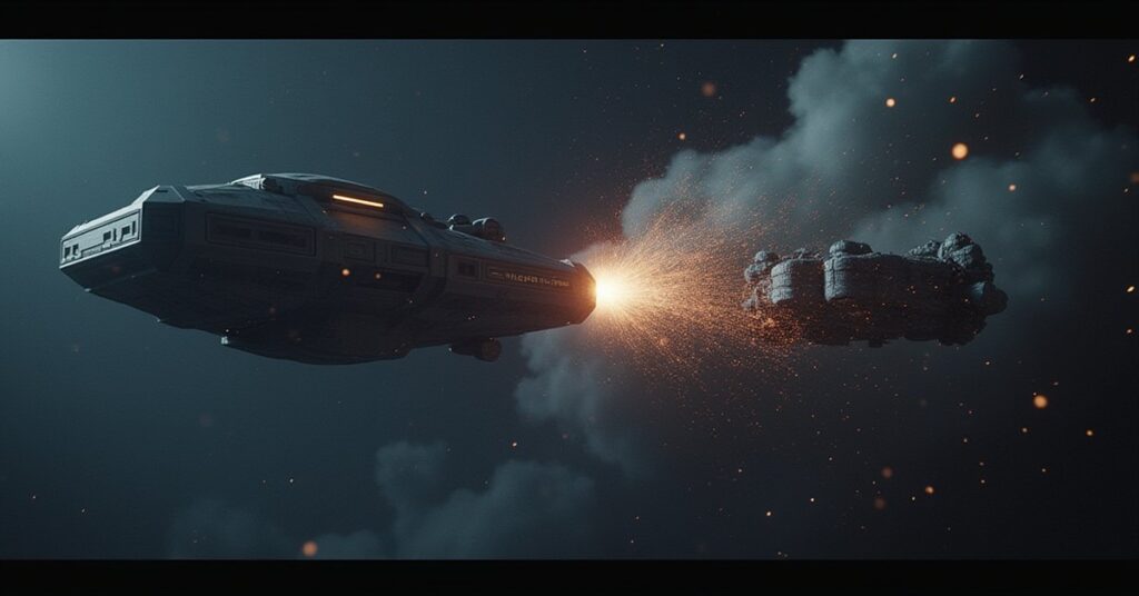 A Starfleet ship fighting a Hirogen hunter near a remote research installation