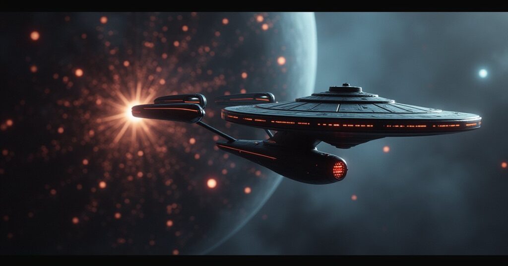 A Starfleet ship scanning a Progenitor archive and a spatial disturbance as a Romulan spy ship appears