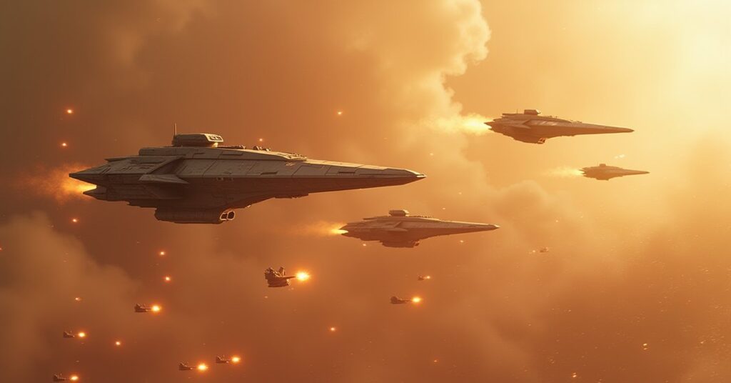 Rebel starships ambushing a supply convoy in a dusty star system in Star Trek Fleet Command