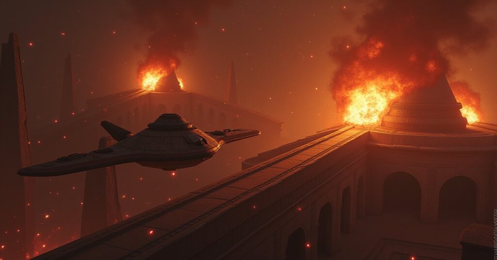 Rebel raiders and a starship attacking a Romulan outpost in Star Trek Fleet Command