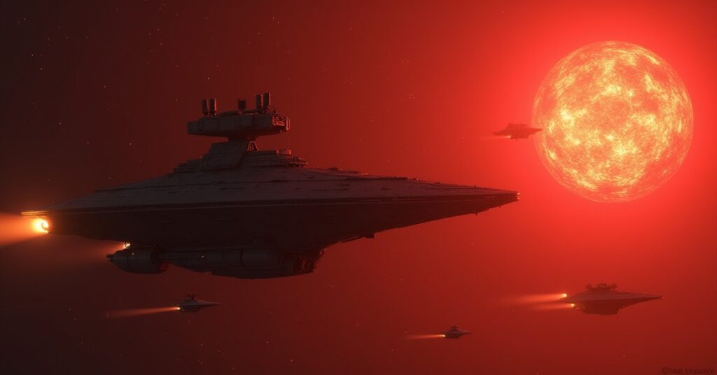 A starship escorting a research vessel past a dying red star in Star Trek Fleet Command
