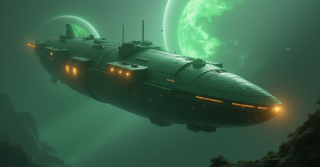 An ornate green Orion ship meeting a smaller vessel near a planet in Star Trek Fleet Command