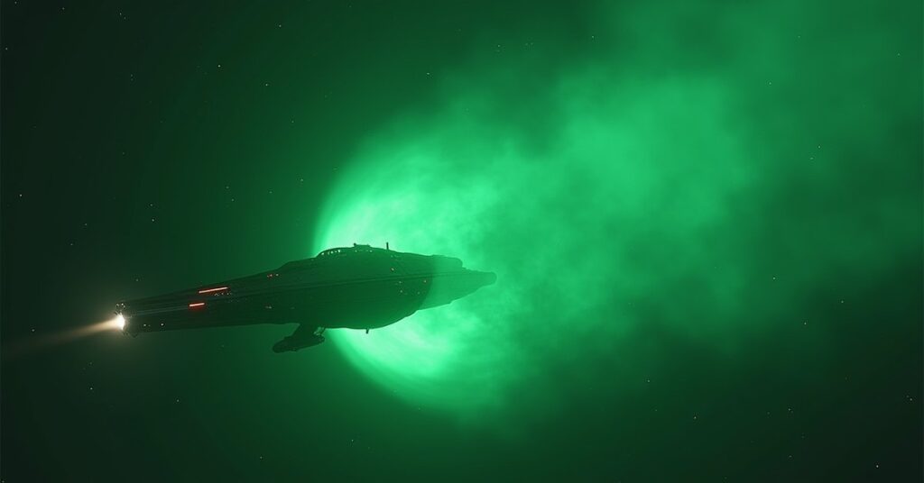A starship standing by a disabled Klingon ship inside the fading remains of a glowing cloud in Star Trek Fleet Command