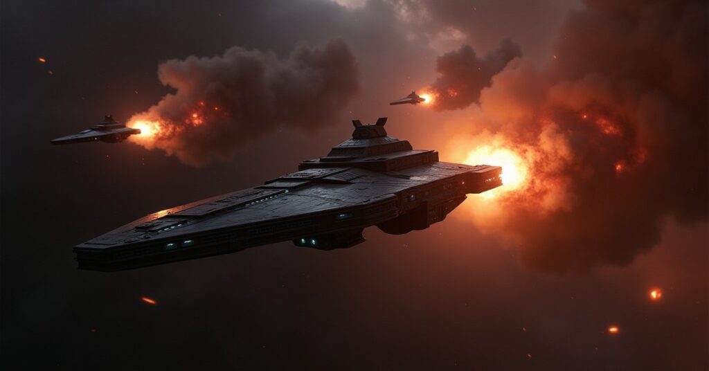 A starship ambushed by Klingon warships in Star Trek Fleet Command