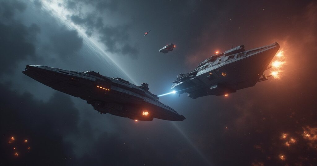 Two starships facing an armed mercenary cruiser amid wreckage in Star Trek Fleet Command