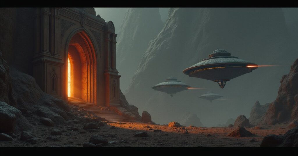 An ancient Iconian gateway glowing beside a space station as Romulan warbirds decloak nearby