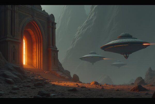 An ancient Iconian gateway glowing beside a space station as Romulan warbirds decloak nearby