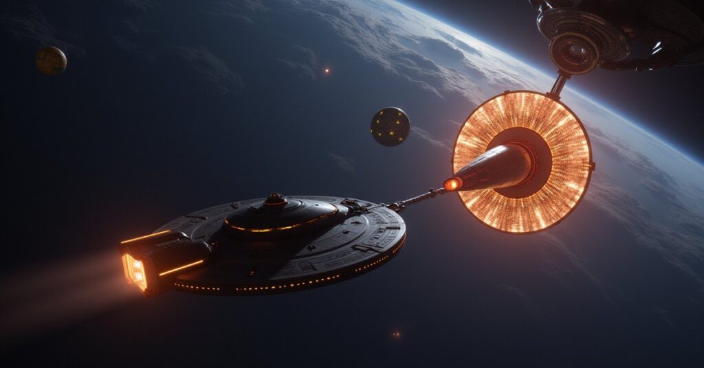 A small independent ship towed toward a glowing Iconian hub on a space station, Deep Space Nine far behind