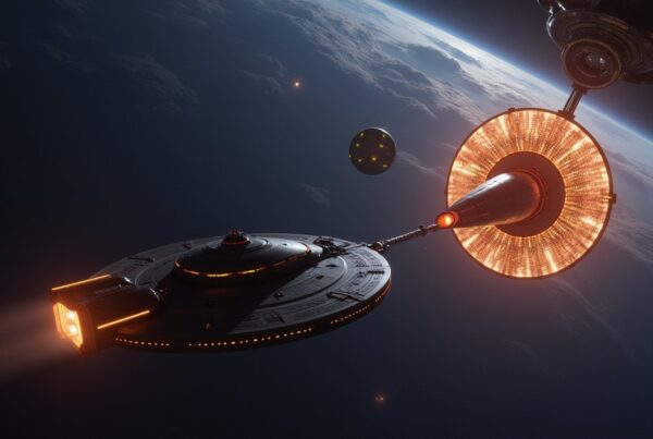 A small independent ship towed toward a glowing Iconian hub on a space station, Deep Space Nine far behind