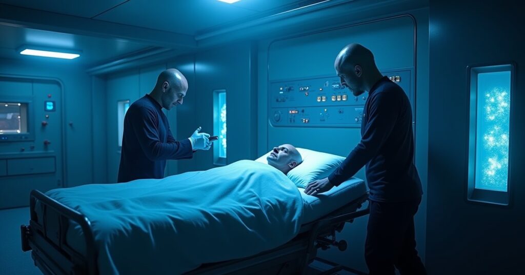 An Andorian engineer treating an injured officer in a starship sick bay in Star Trek Fleet Command