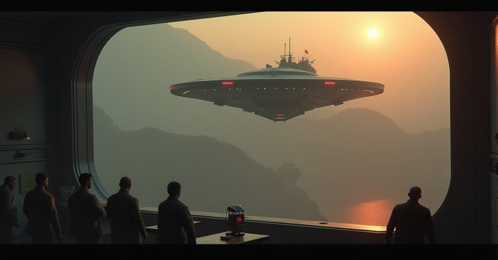 A Starfleet ship slipping past a criminal blockade above a hazy alien planet