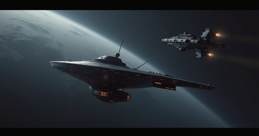 A starship tows a captured vessel across a border zone as a surveillance ship watches