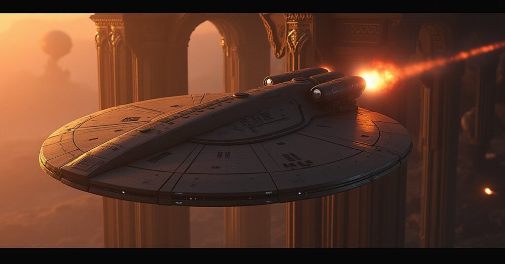 A Reman ship firing on a Romulan Senate station as a starship intercepts in Star Trek Fleet Command