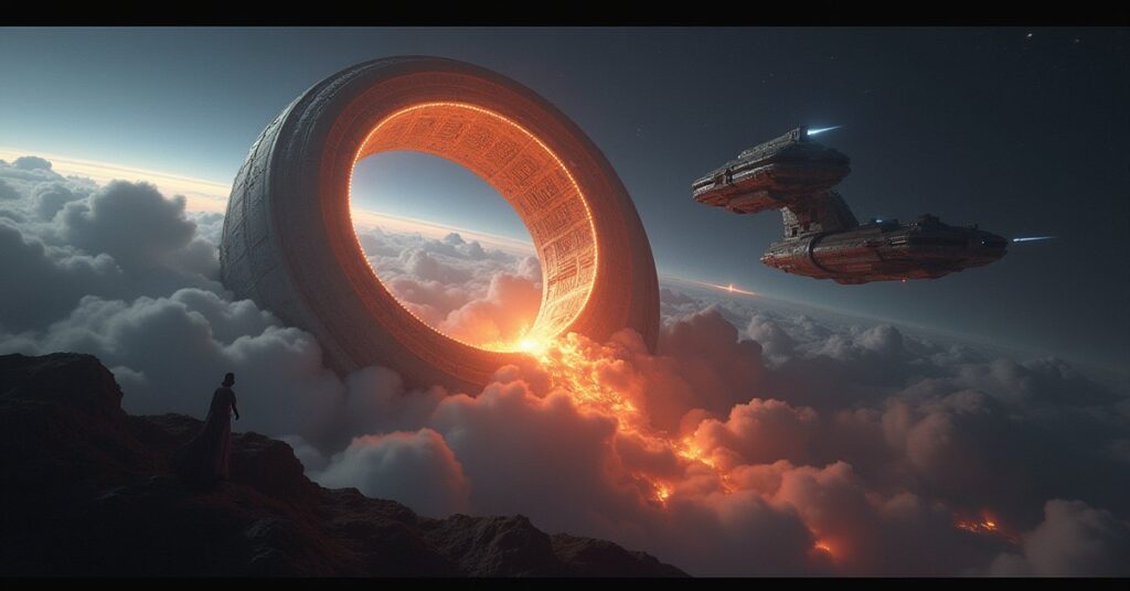 A Suliban helix structure in orbit as a ship confronts a Vulcan science vessel in Star Trek Fleet Command