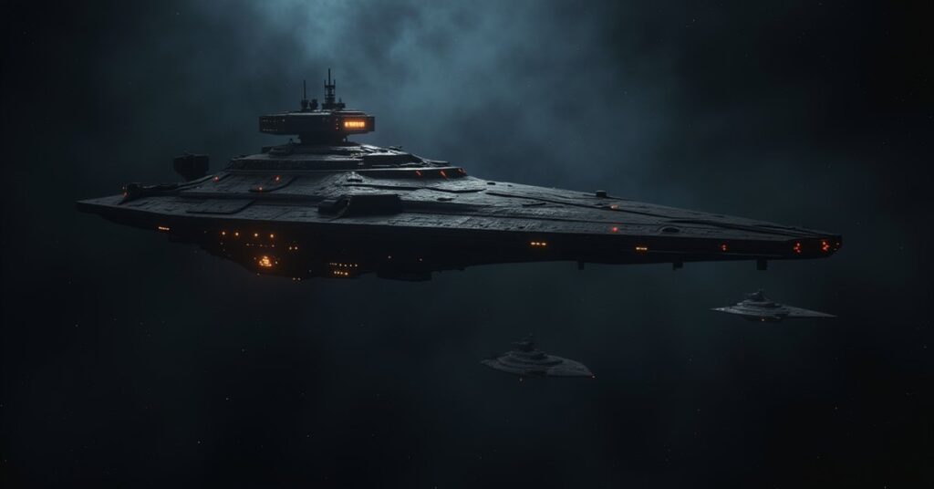 A Klingon shipyard building warships as a starship scans it in Star Trek Fleet Command