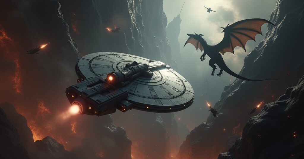 A Starfleet starship dives through a horde of space dragons toward a dark lair