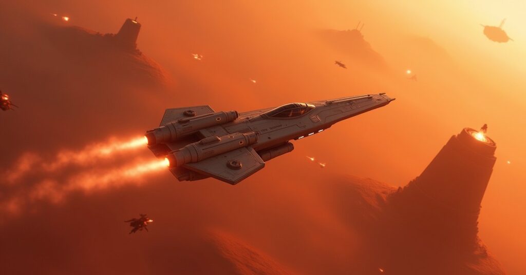 A Federation starship fighting raiders above a red desert planet in Star Trek Fleet Command