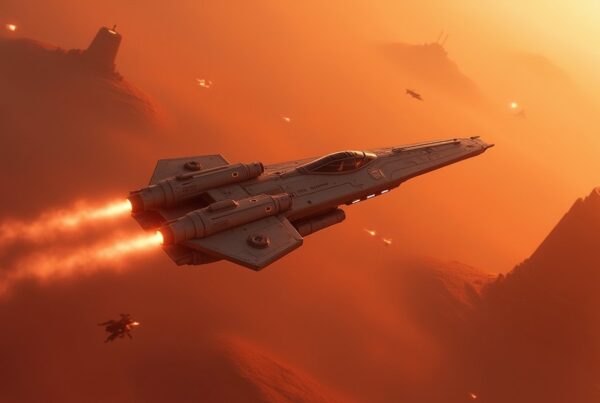 A Federation starship fighting raiders above a red desert planet in Star Trek Fleet Command