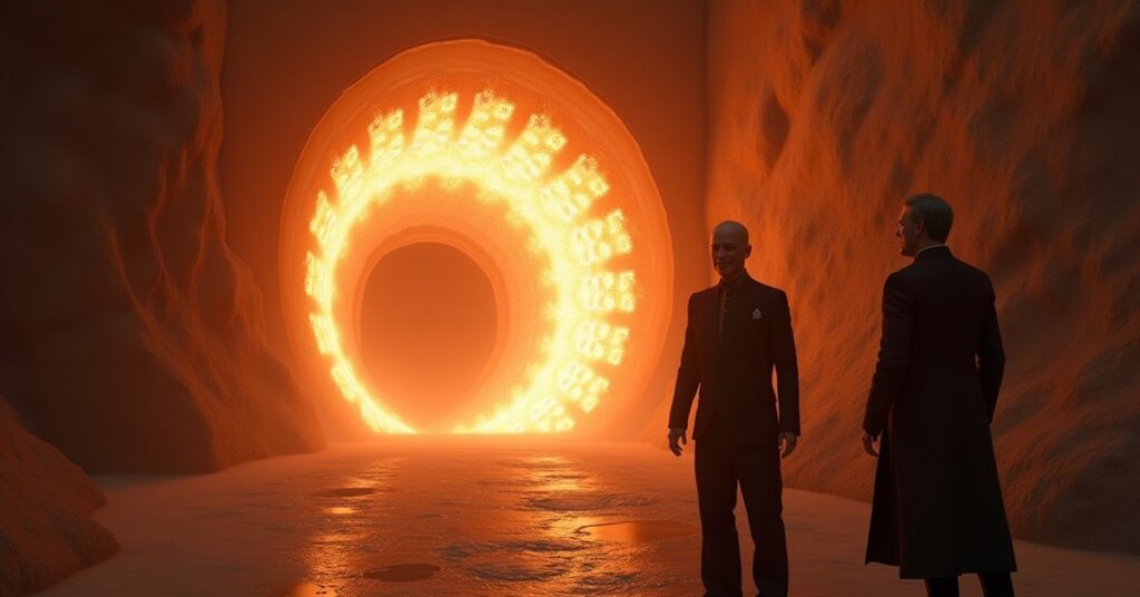 A blazing temporal doorway in space seen from a starship bridge in Star Trek Fleet Command