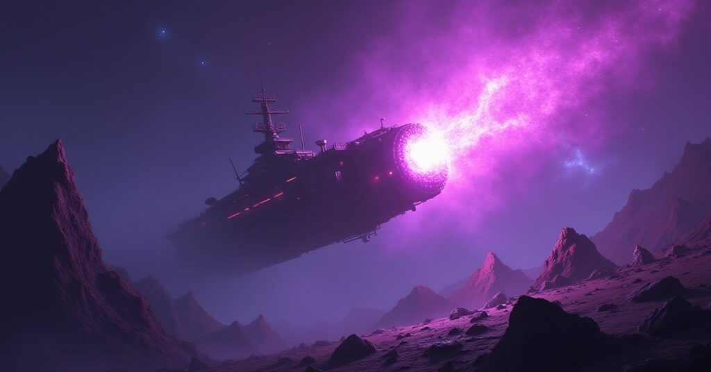 A mining ship extracting glowing crystal from an asteroid field in Star Trek Fleet Command