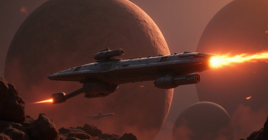 A Klingon ship hunting raiders among rocky moons in Star Trek Fleet Command