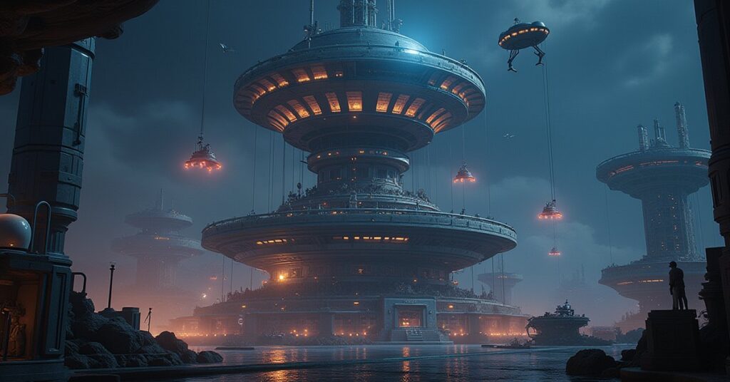 A space station operations tower being upgraded by construction drones in Star Trek Fleet Command