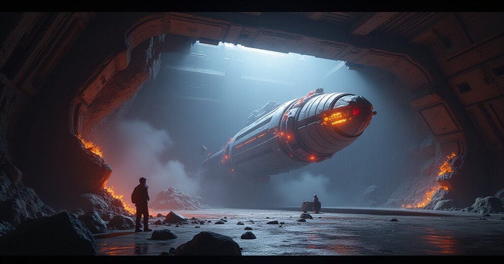 A glowing alien artifact in a cargo bay beside an asteroid mining operation in Star Trek Fleet Command
