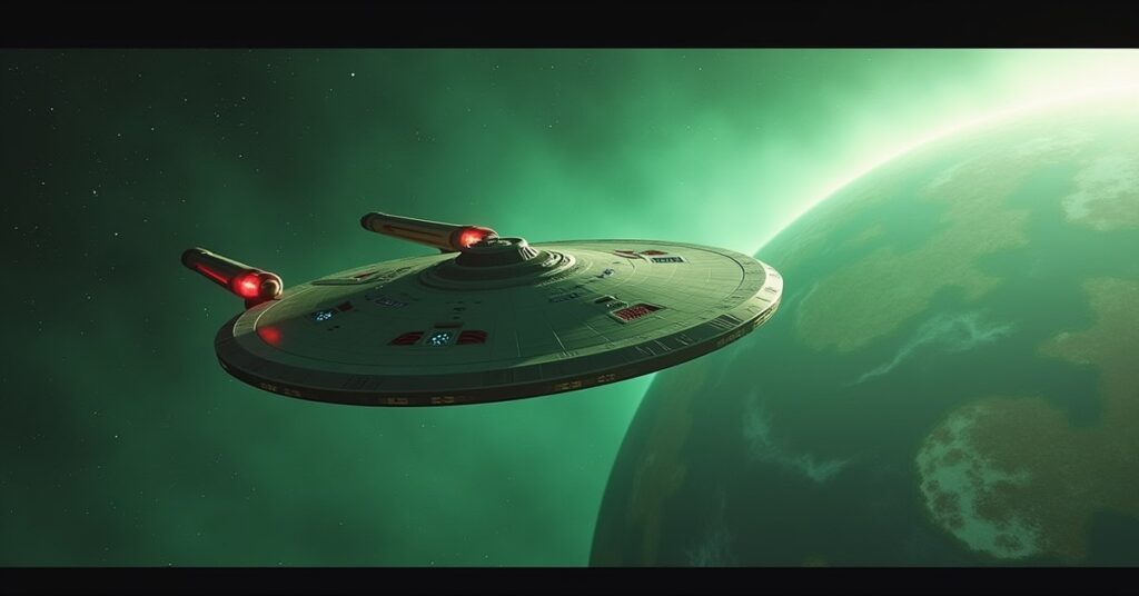 A classic starship chasing an Orion raider away from a tropical planet in Star Trek Fleet Command