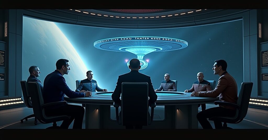 A nervous engineer trapped in a flickering holodeck bridge program in Star Trek Fleet Command