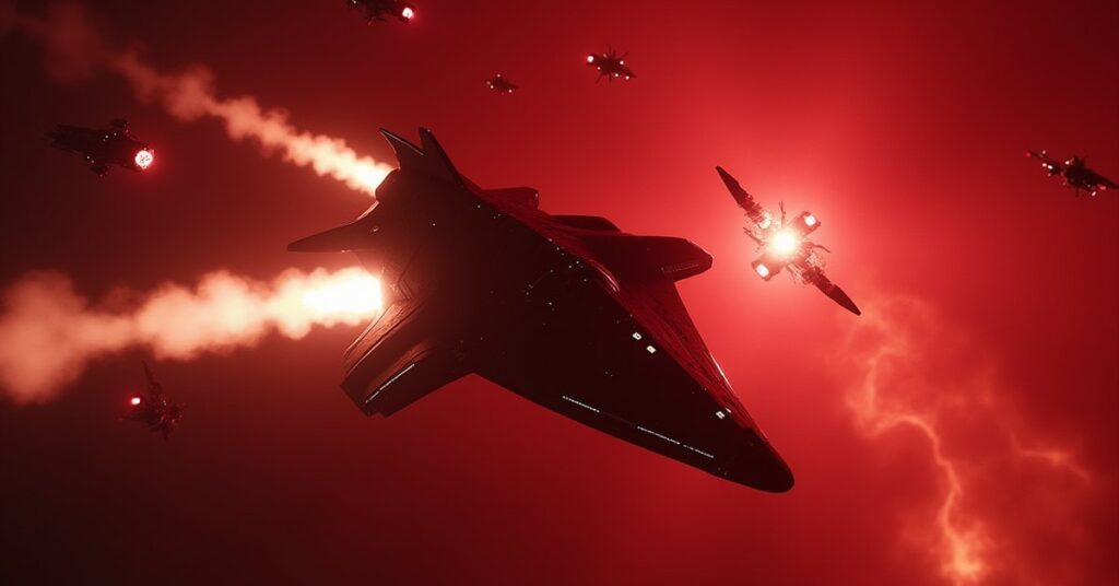 A Klingon warship firing on Romulan and Cardassian ships in a holodeck battle in Star Trek Fleet Command