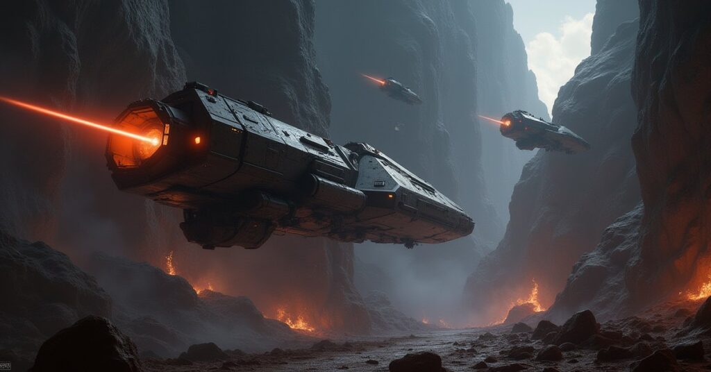 A starship attacking guard ships at an Outlaw asteroid base in Star Trek Fleet Command