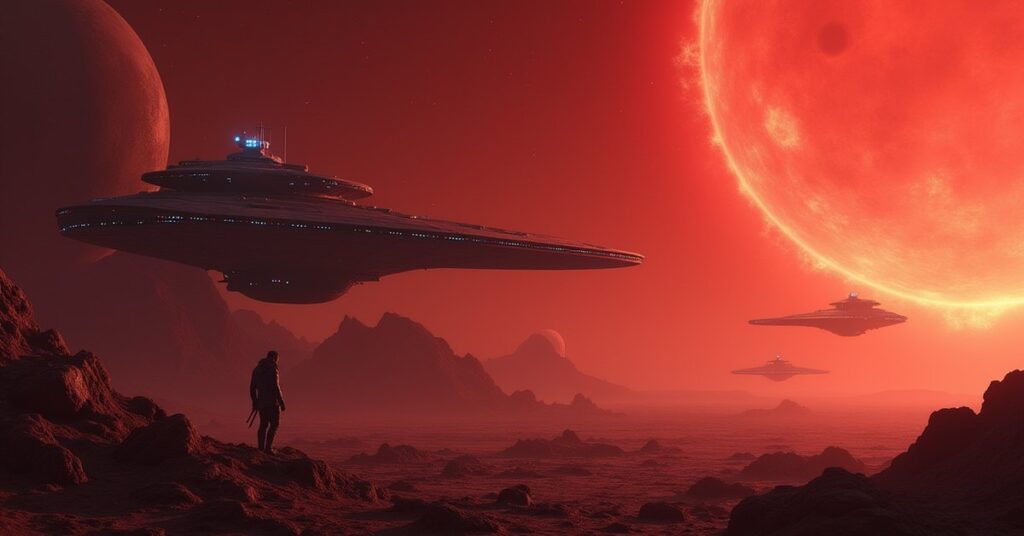 A starship guarding a Vulcan survey station as raiders retreat in Star Trek Fleet Command