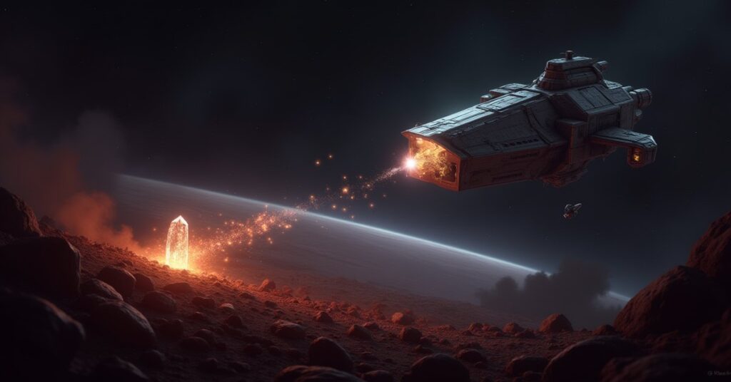 A starship retrieving a glowing crystal from a shattered planet in Star Trek Fleet Command