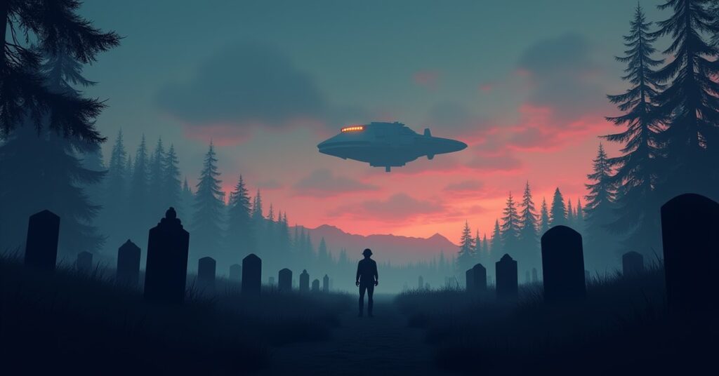 A lone figure in an Earth cemetery at dusk with a starship silhouetted in the sky