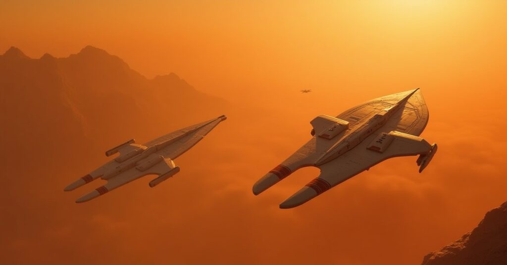 Two Vulcan warships facing a Federation ship above an orange planet in Star Trek Fleet Command