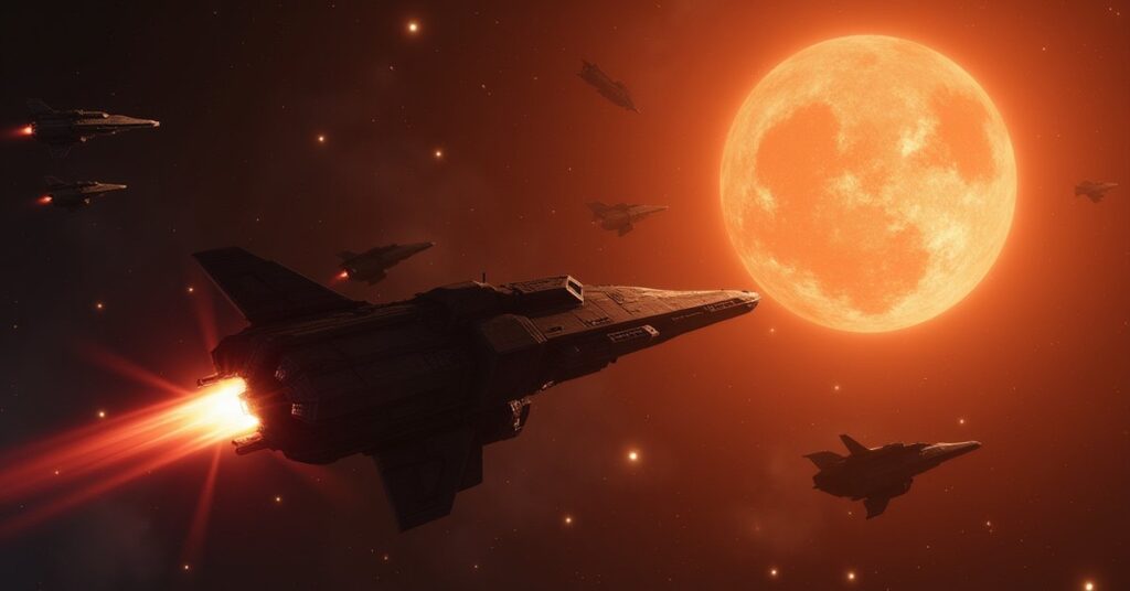 A starship picking off small enemy frigates near an orange star in Star Trek Fleet Command