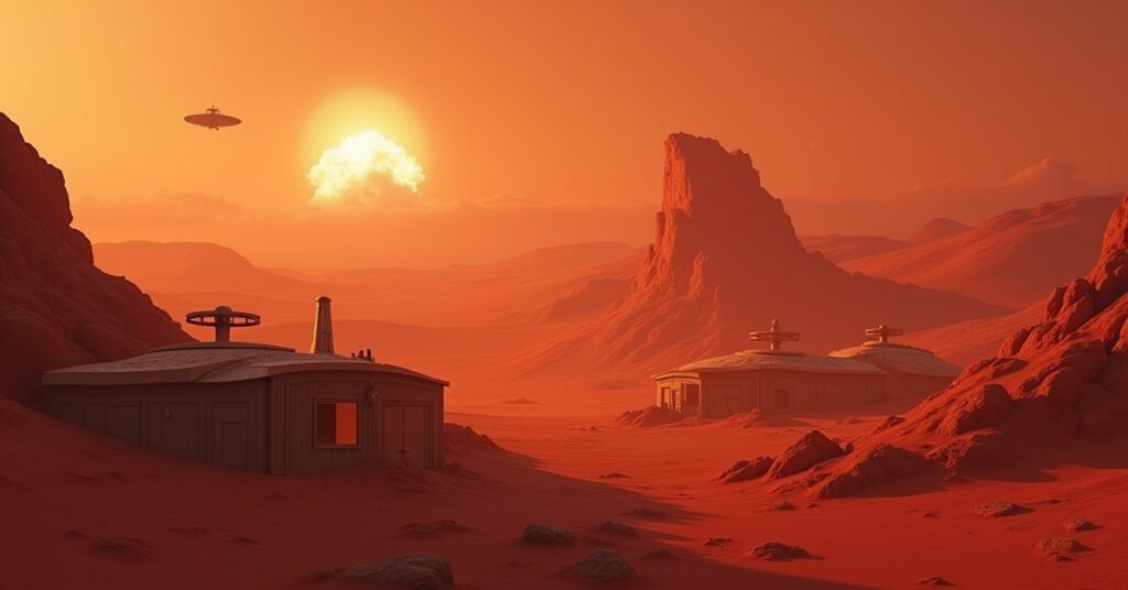 A starship approaching a Vulcan outpost on a red desert planet in Star Trek Fleet Command