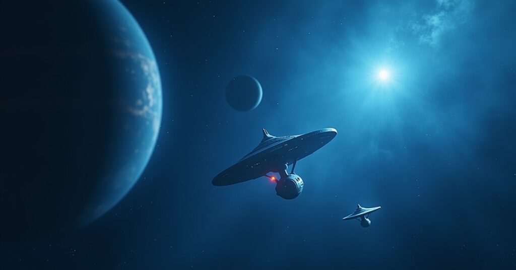 A starship arriving to meet the Enterprise in orbit of a distant blue planet in Star Trek Fleet Command