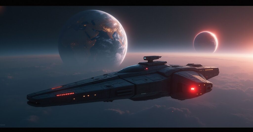 A starship heading toward three faction homeworlds in Star Trek Fleet Command